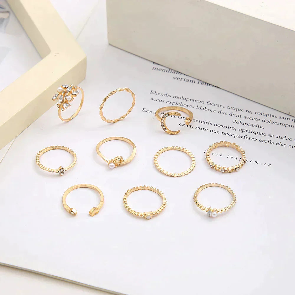 Pack de 10 Bagues Bohémiennes en Or